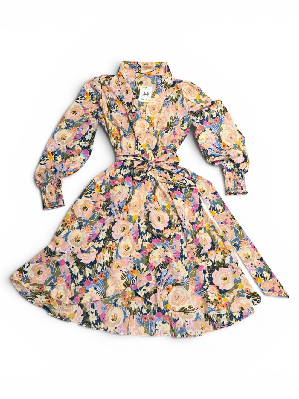 Monet Floral Finding Foxtale Floral Wrap Dress with Puff Sleeves NWT